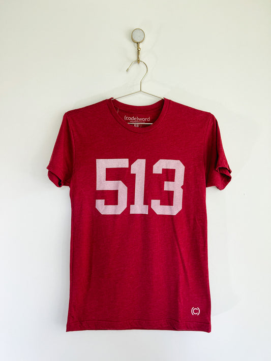 Cincinnati Ohio  513 Area Code Unisex Red Heathered T-Shirt: Size Small