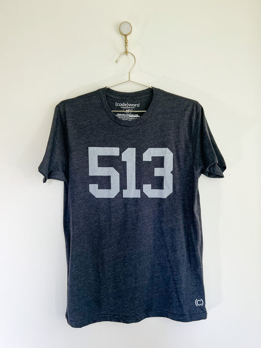 Cincinnati Ohio 513 Area Code Unisex Heathered Charcoal T-Shirt: Size Medium