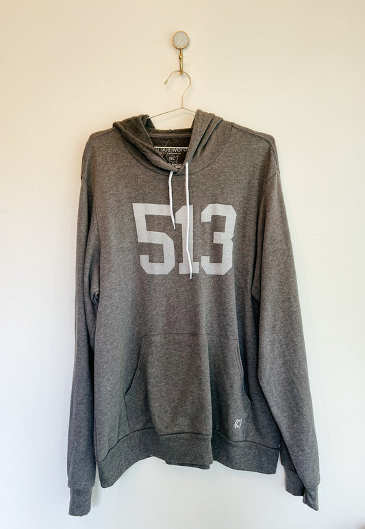 Cincinnati Ohio 513 Area Code Heathered Grey Crewneck Hooded Sweatshirt: Size XXL