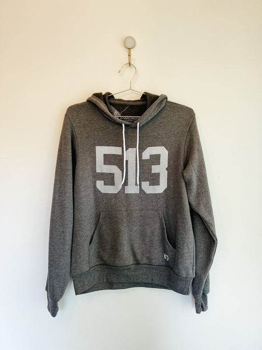 Cincinnati Ohio 513 Area Code Heathered Grey Crewneck Hooded Sweatshirt: Size Medium