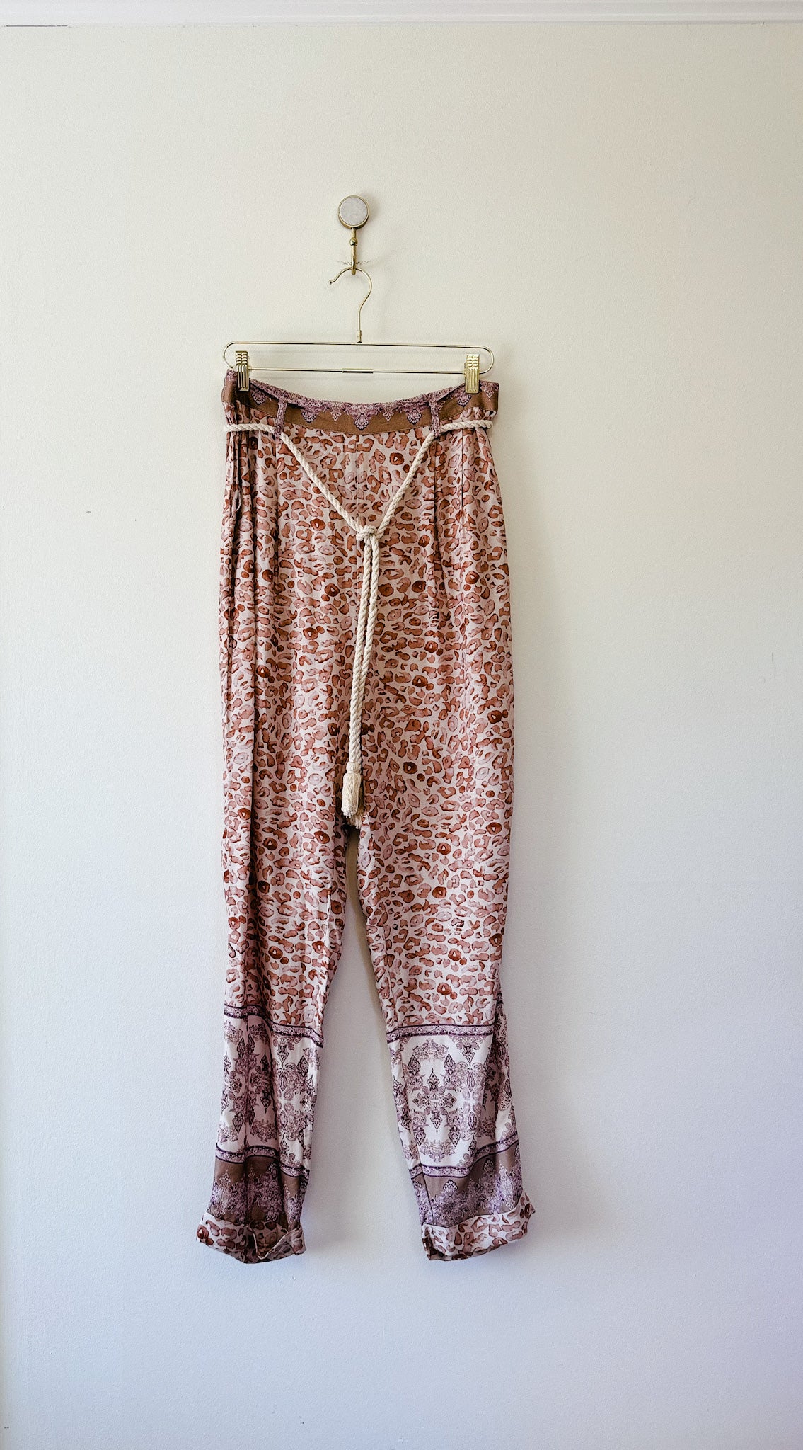 Ollari Anthropologie Animal Print Oversized Pants w Rope Tie Belt