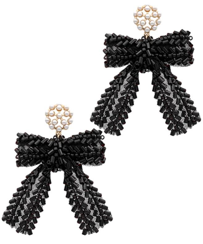 Beaded Ribbon & Pearl Cluster Bow Earrings