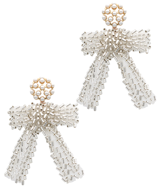 Beaded Ribbon & Pearl Cluster Bow Earrings