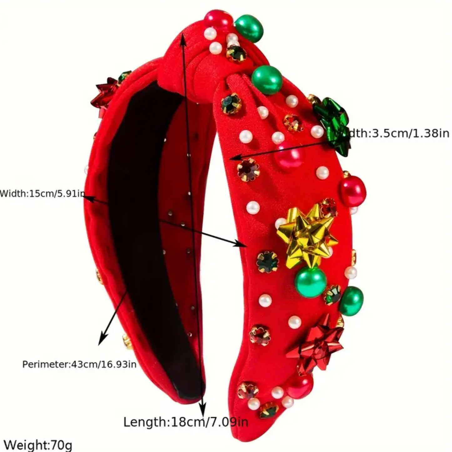 Red decorative headband with embellishments on a white background