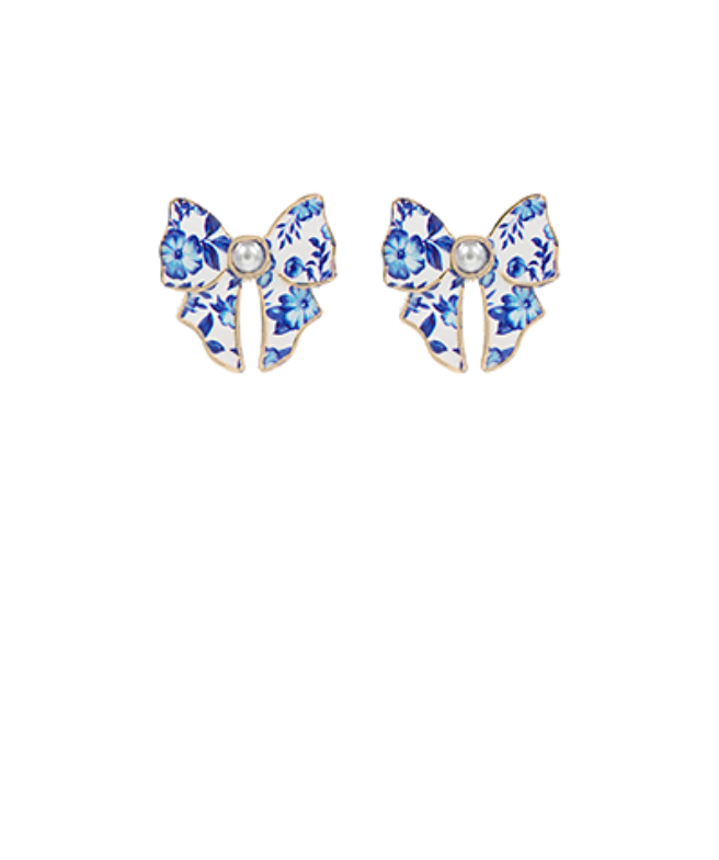Flower Pattern Bow & Pearl Earrings