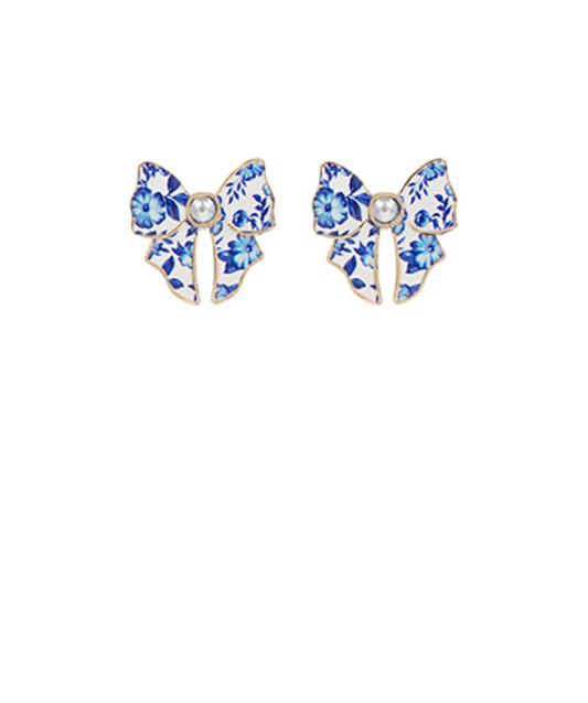 Flower Pattern Bow & Pearl Earrings
