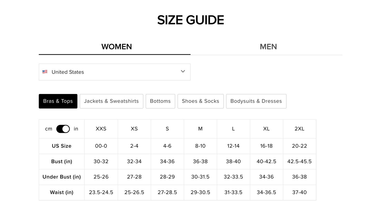 Size guide for women's Alo bras and tops with measurement conversions.