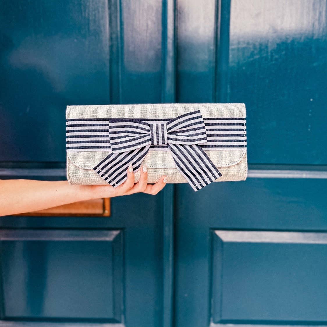 Church Clutch in White with Navy Grosgrain Bow
