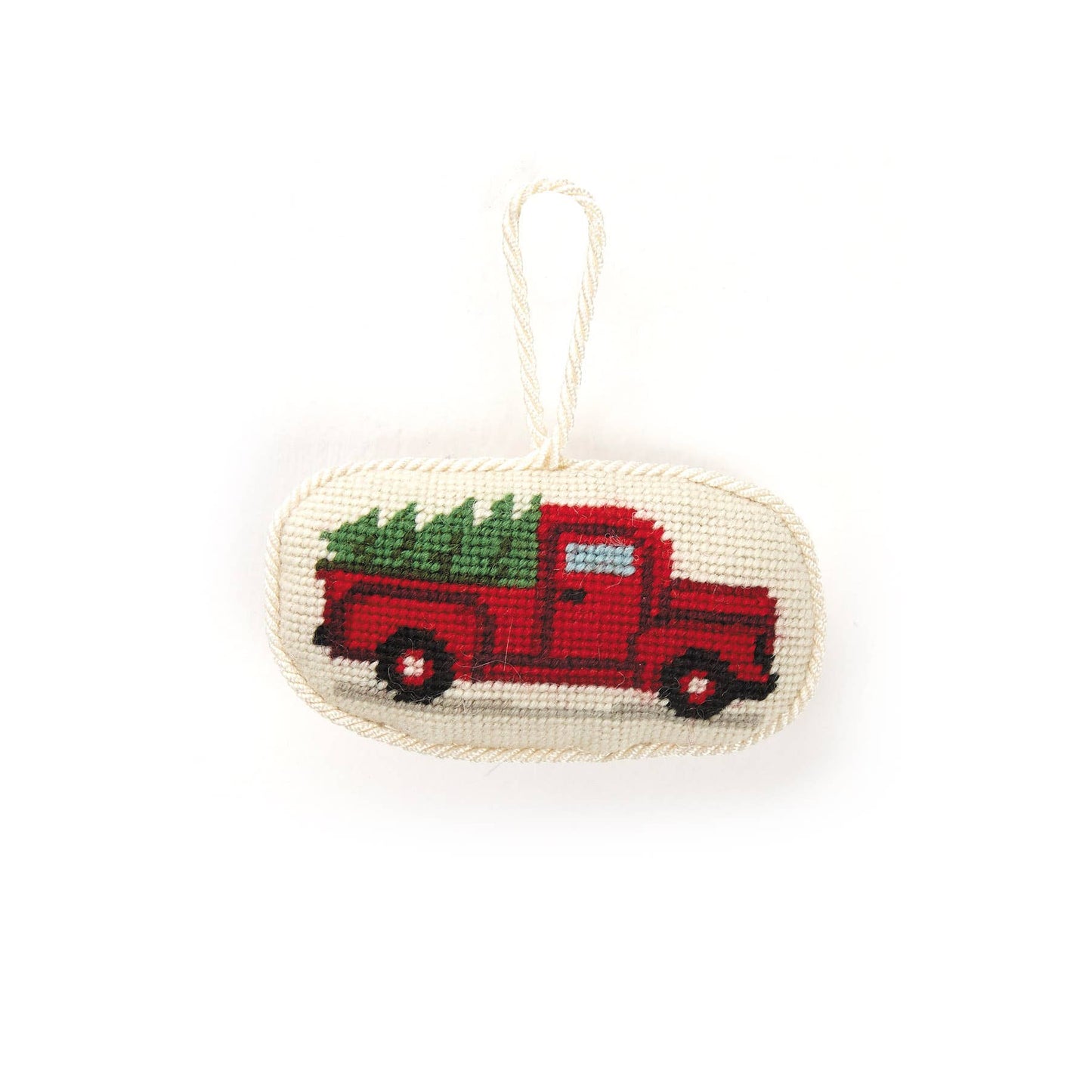 Christmas tree on vintage truck needlepoint ornament