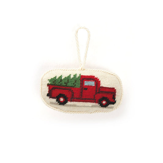 Christmas tree on vintage truck needlepoint ornament