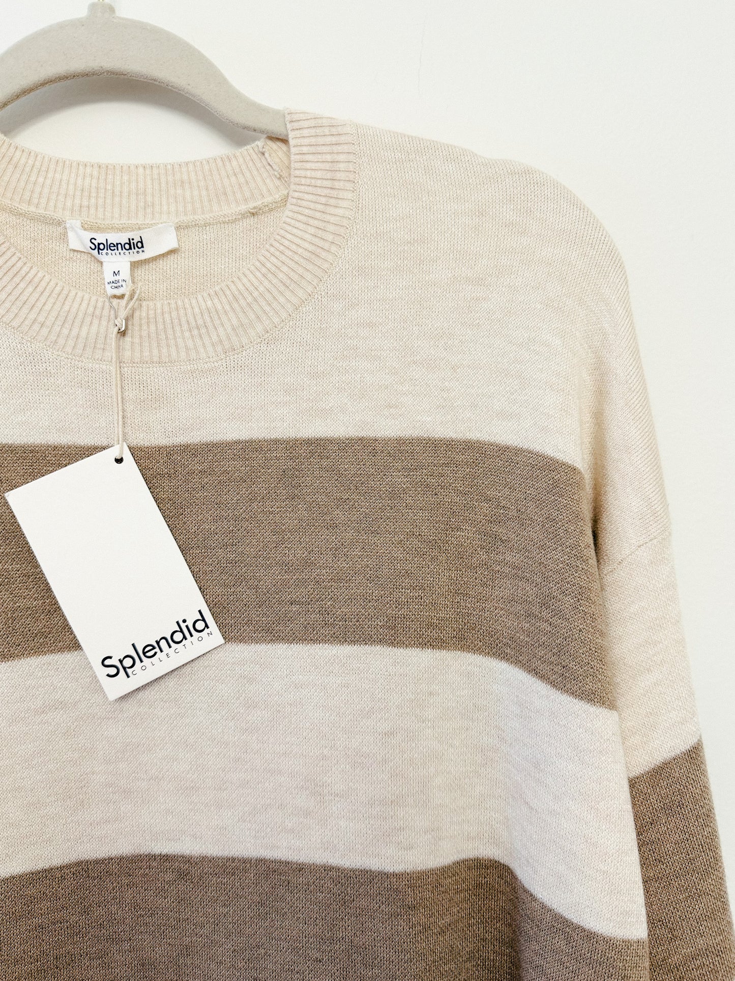Splendid Libby Crewneck Sweater in Oat Stripe, Size Medium