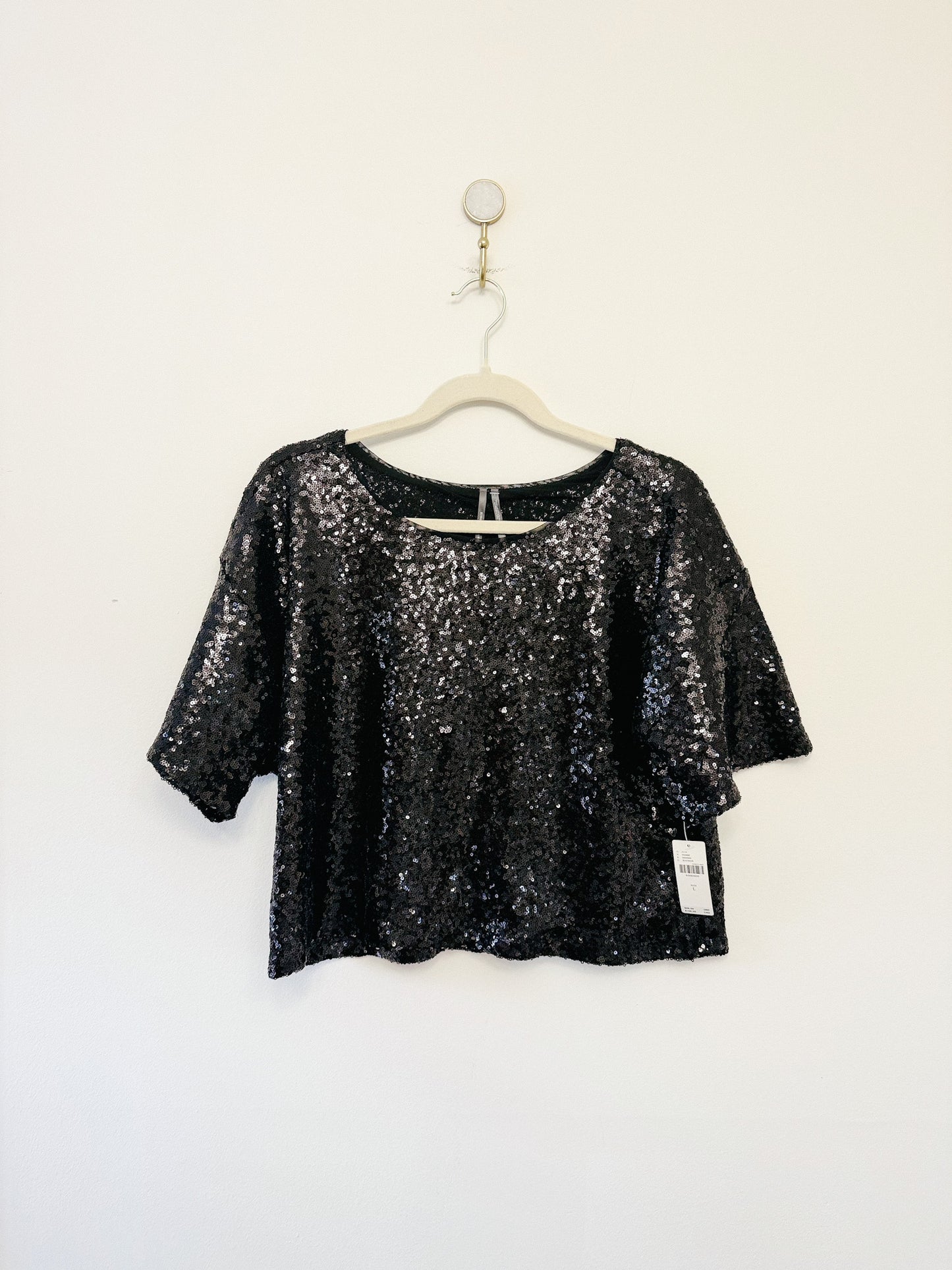 By Anthropologie Cropped Short-Sleeve Sequin Top, Size Large
