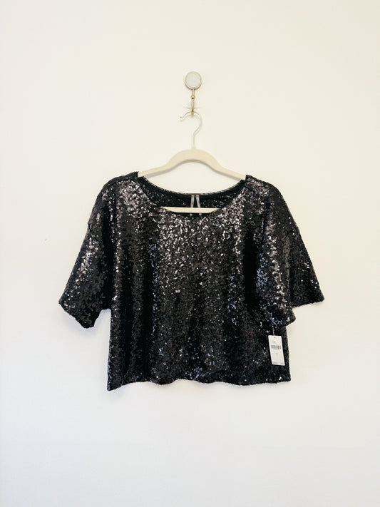 By Anthropologie Cropped Short-Sleeve Sequin Top, Size Large