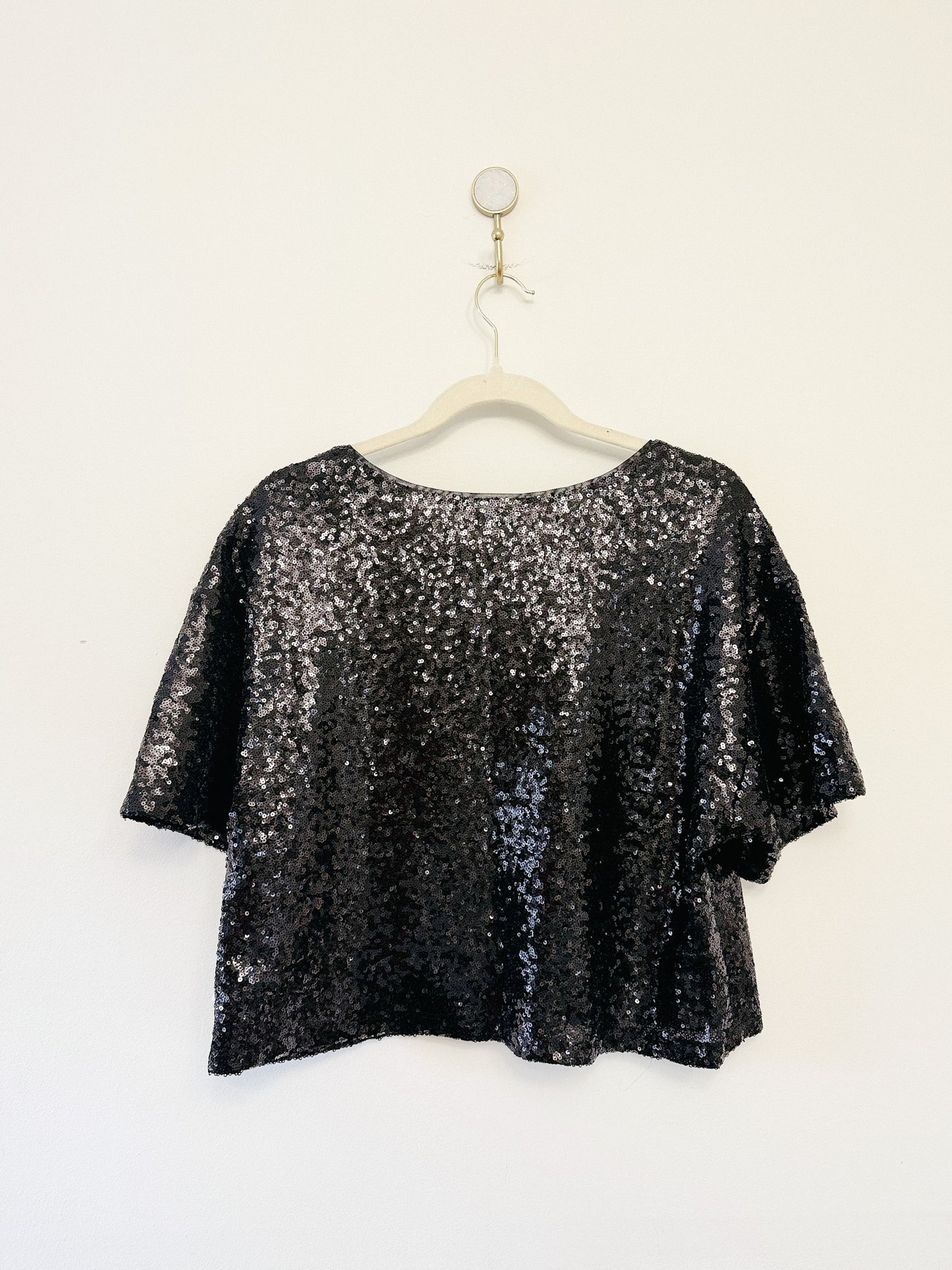 By Anthropologie Cropped Short-Sleeve Sequin Top, Size Large