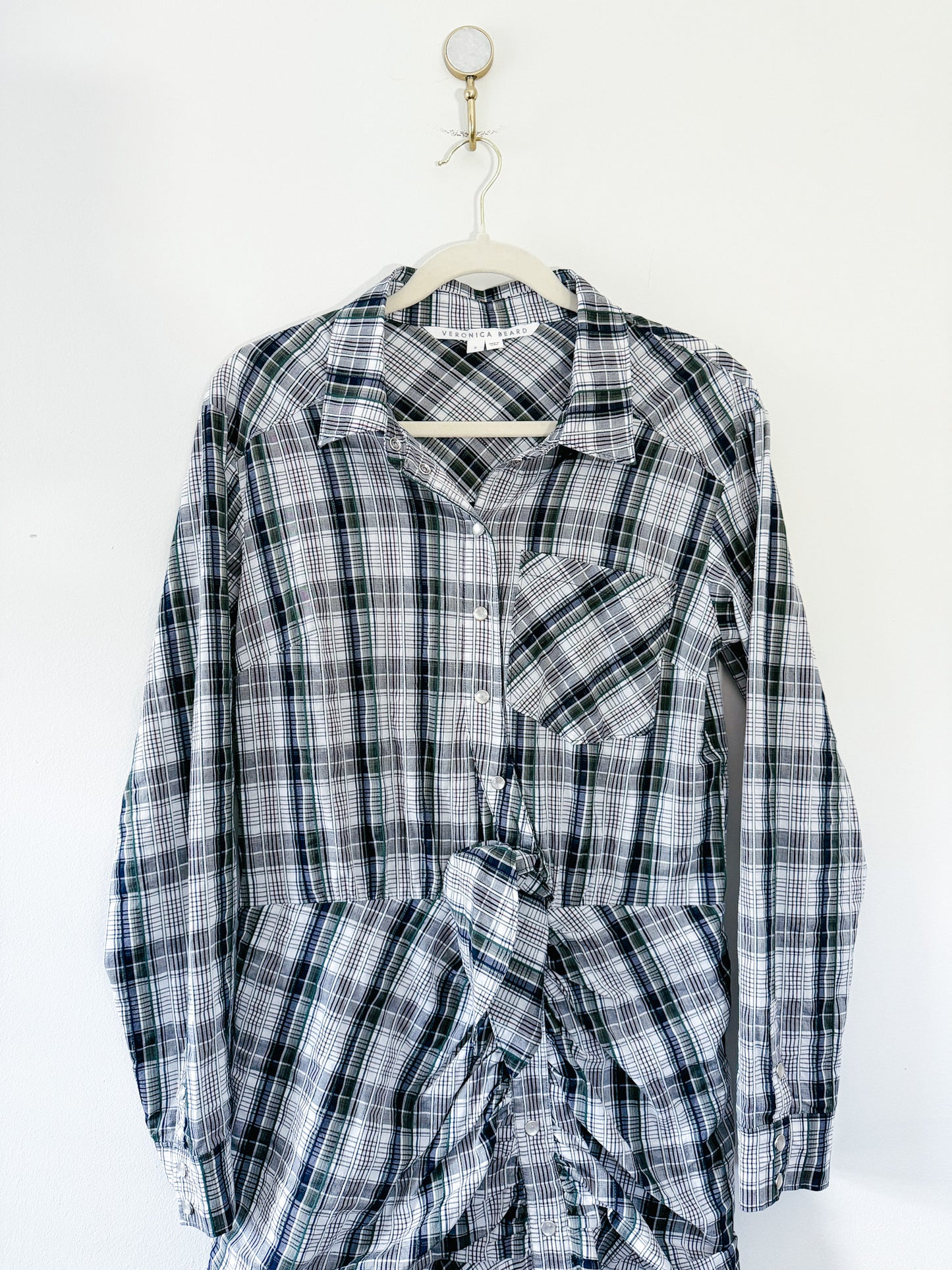 Veronica Beard Valle Plaid Ruched Shirt Dress, Size 8