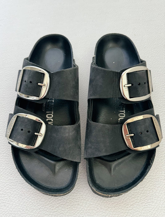 Birkenstock Arizona Big Buckle Slide Sandal in Black Oiled Leather