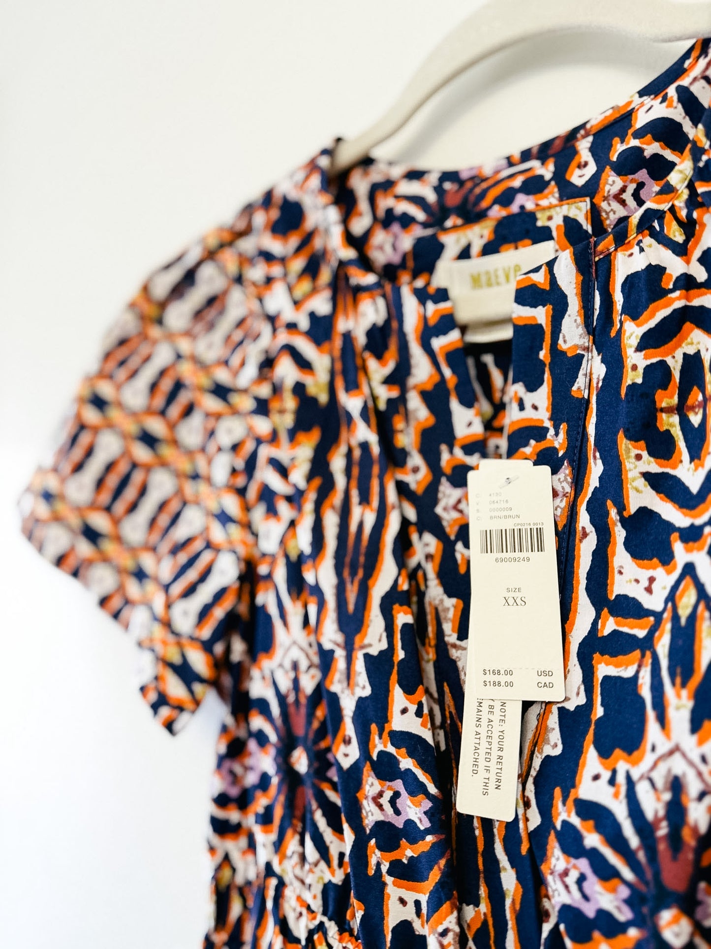 Patterned dress on a hanger with a visible tag, on a white background