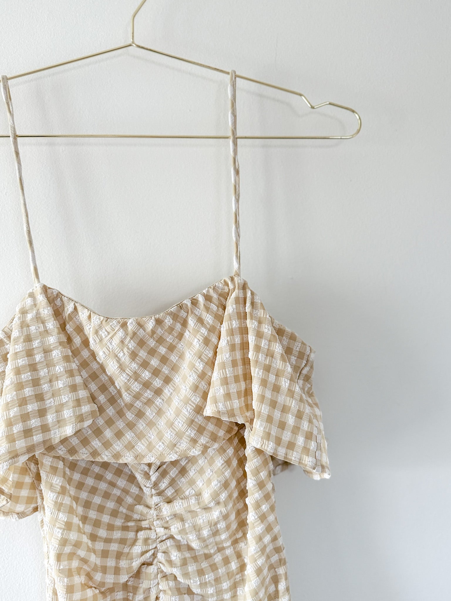 GANNI Ruched gingham seersucker mini dress shoulder detail