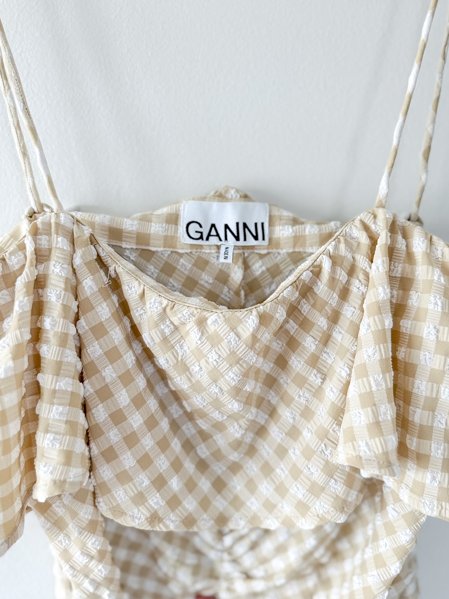 GANNI Ruched gingham seersucker mini dress tag