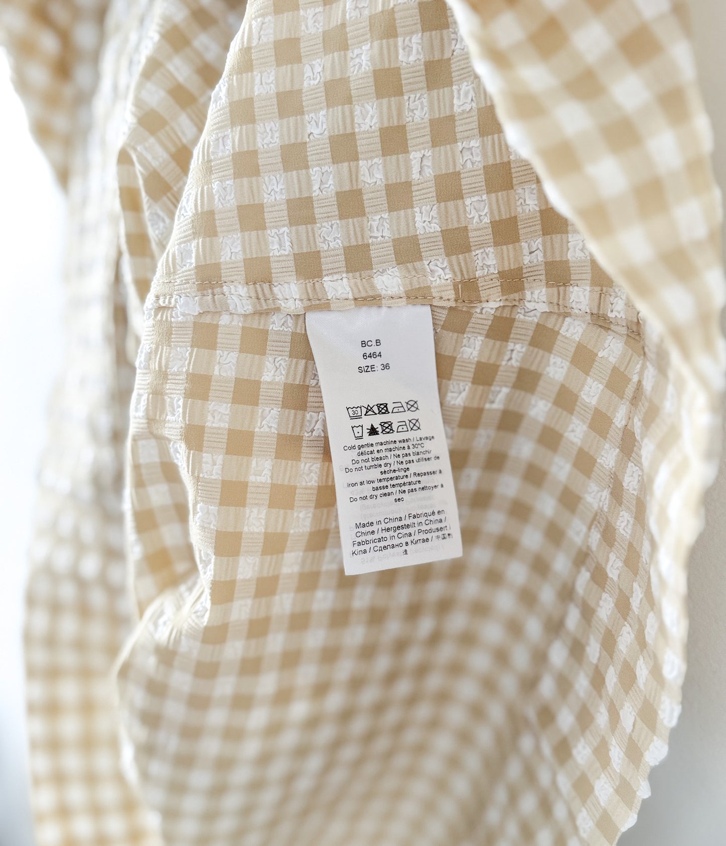 GANNI Ruched gingham seersucker mini dress size tag