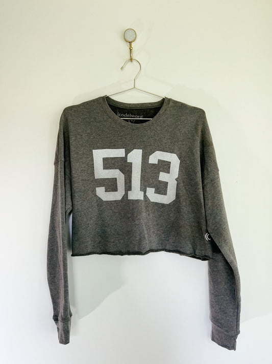 Cincinnati Ohio 513 Area Code Heathered Grey Cropped Crewneck Sweatshirt: Size Large