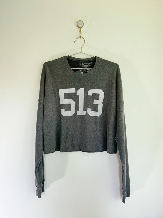 Cincinnati Ohio 513 Area Code Heathered Grey Cropped Crewneck Sweatshirt: Size Extra Large