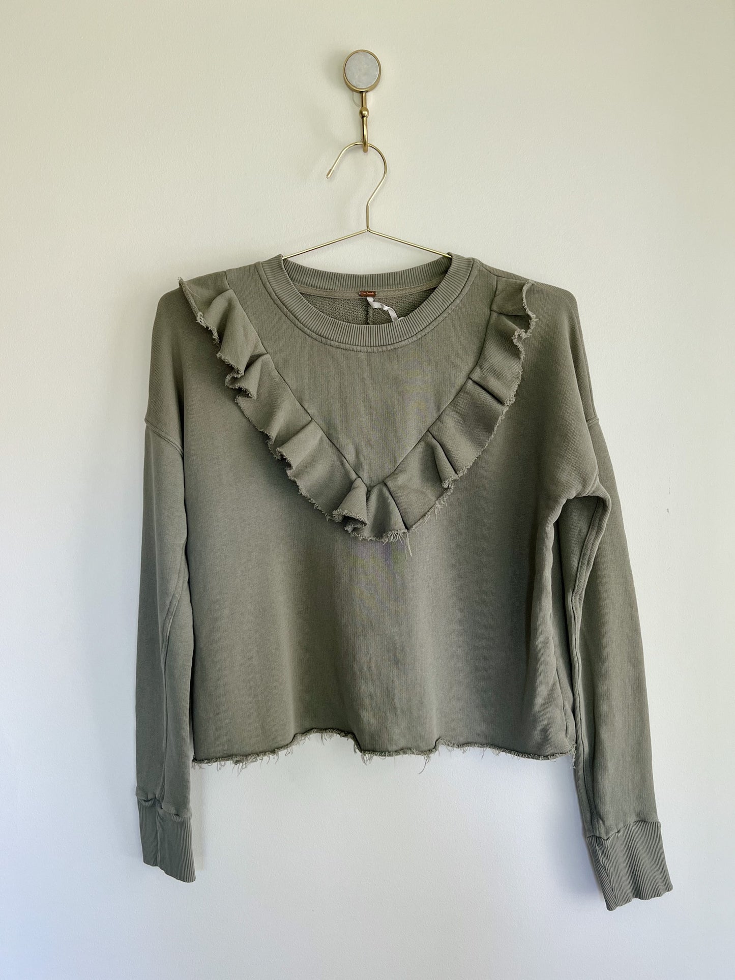 Free People Ooh La Ruffle Pullover in Olive