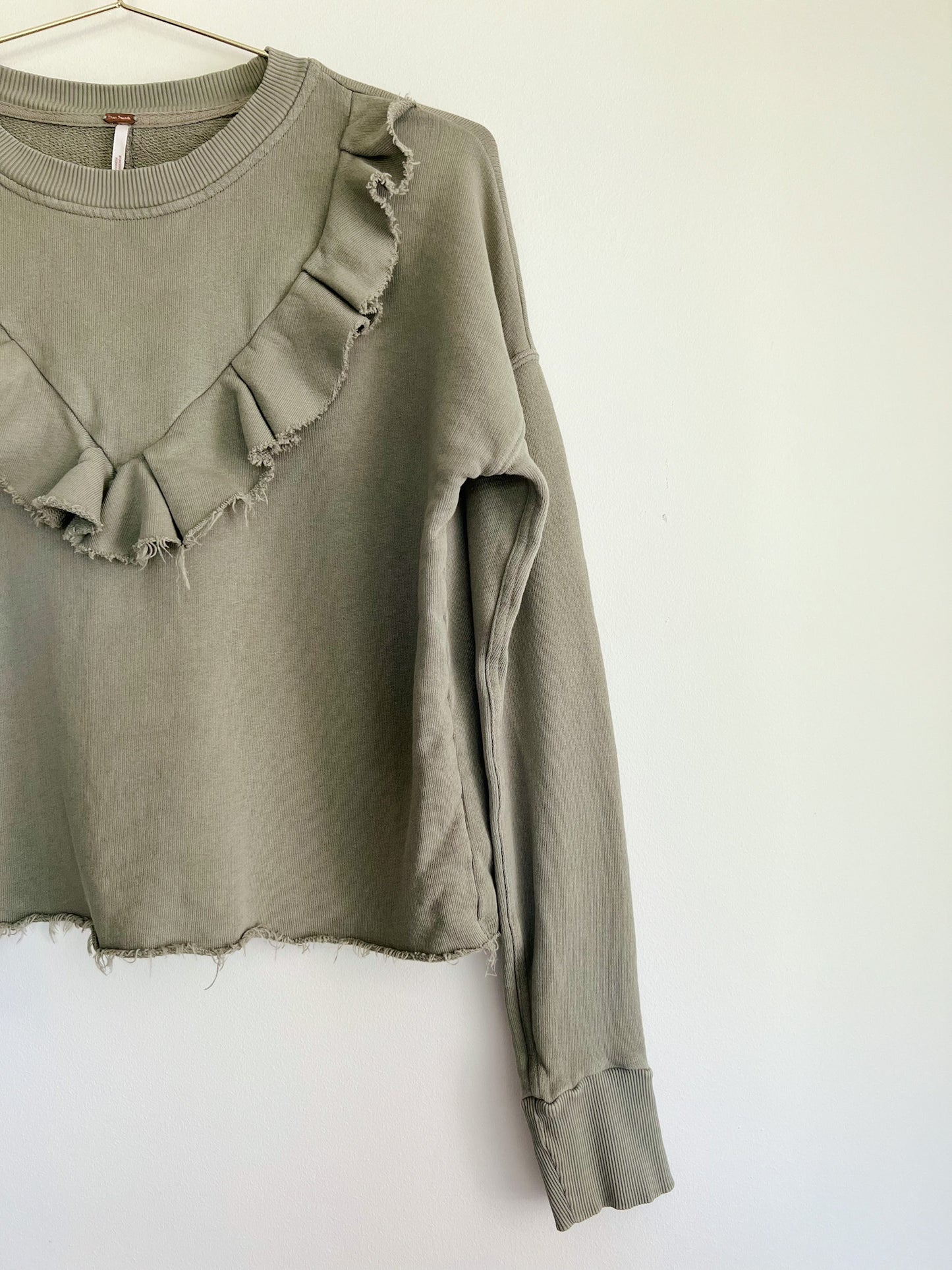 Free People Ooh La Ruffle Pullover in Olive