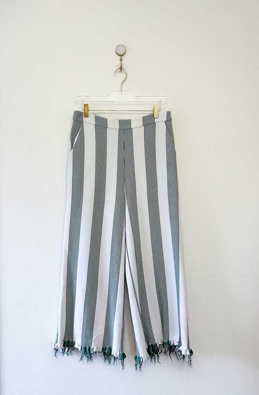 English Factory Stripe Fringe Hem Wide Leg Crop Pants