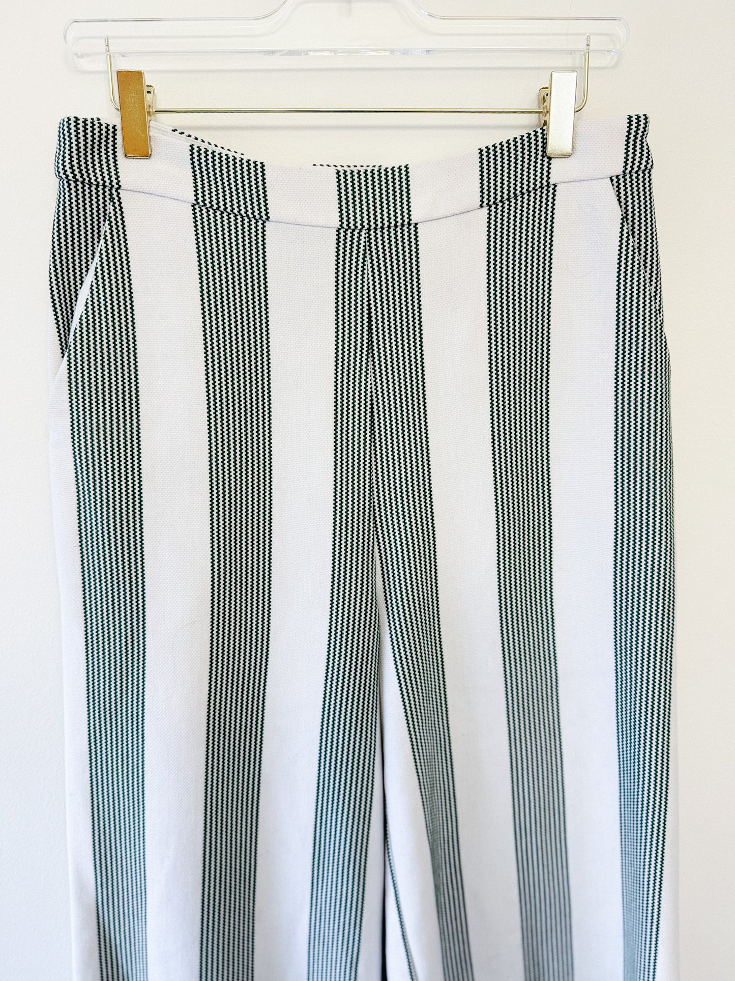 English Factory Stripe Fringe Hem Wide Leg Crop Pants - close up of front