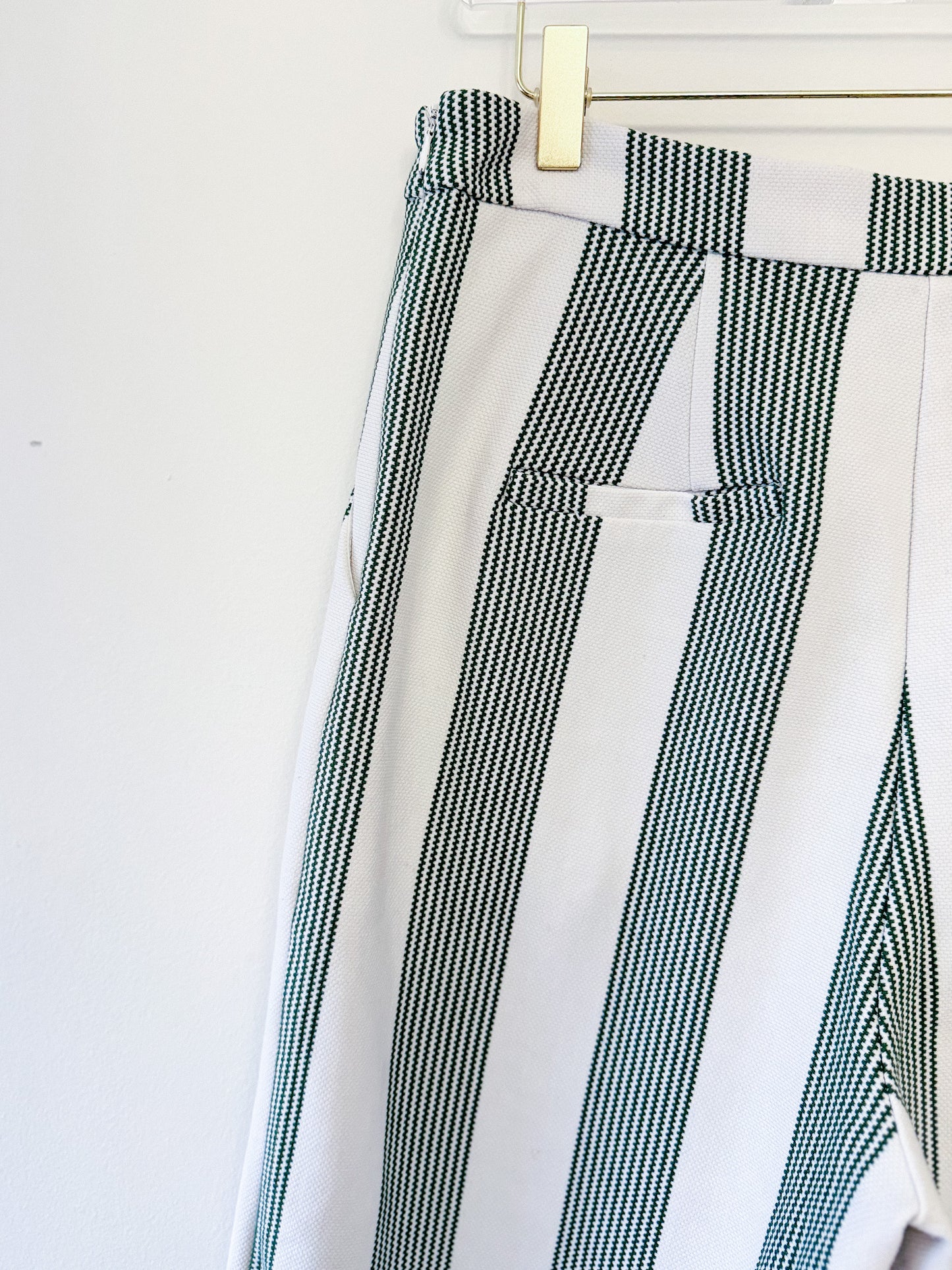 English Factory Stripe Fringe Hem Wide Leg Crop Pants - close up of back pocket