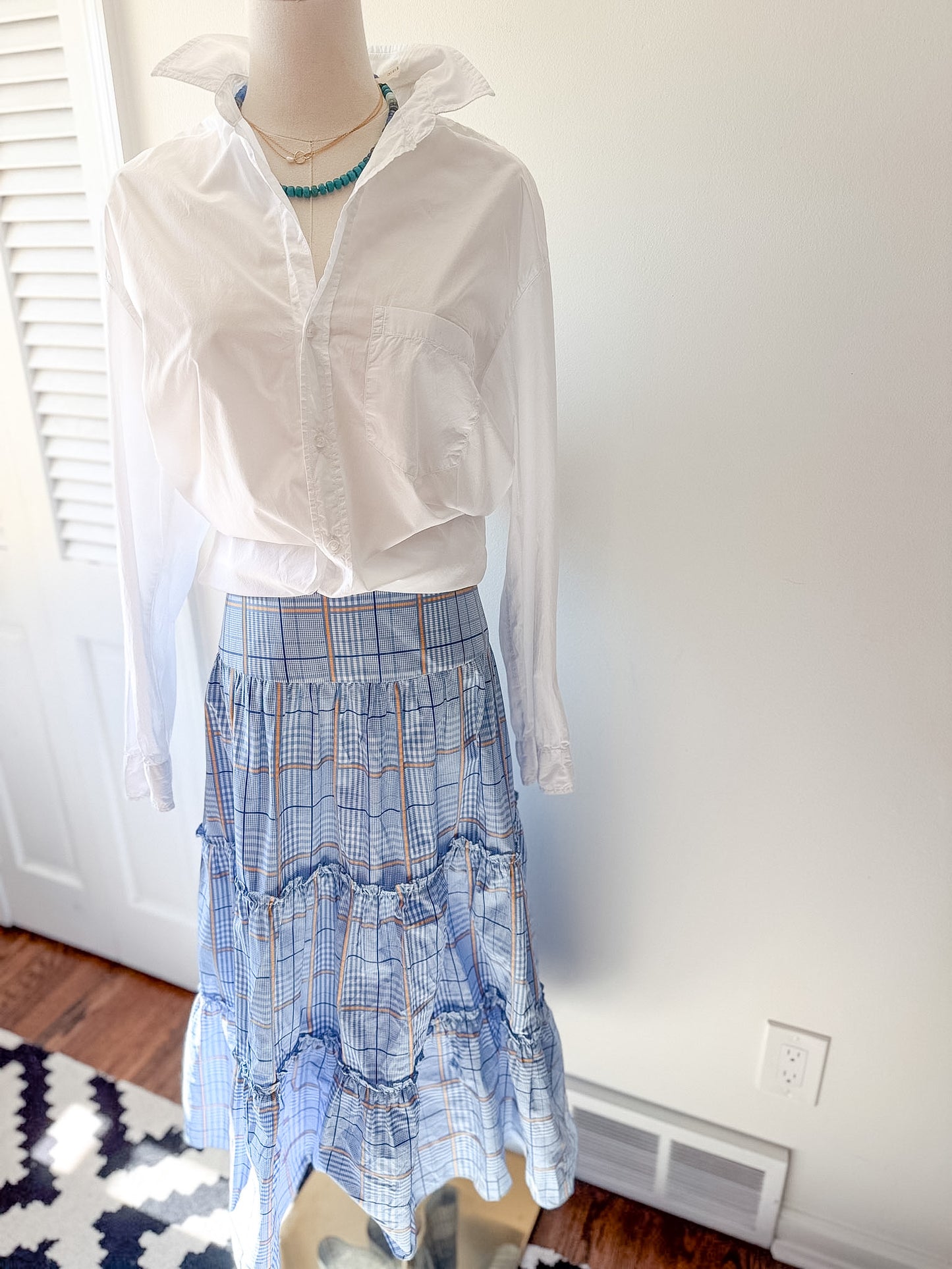 Shoshanna Light Blue Plaid Tiered Maxi Skirt, Size 12