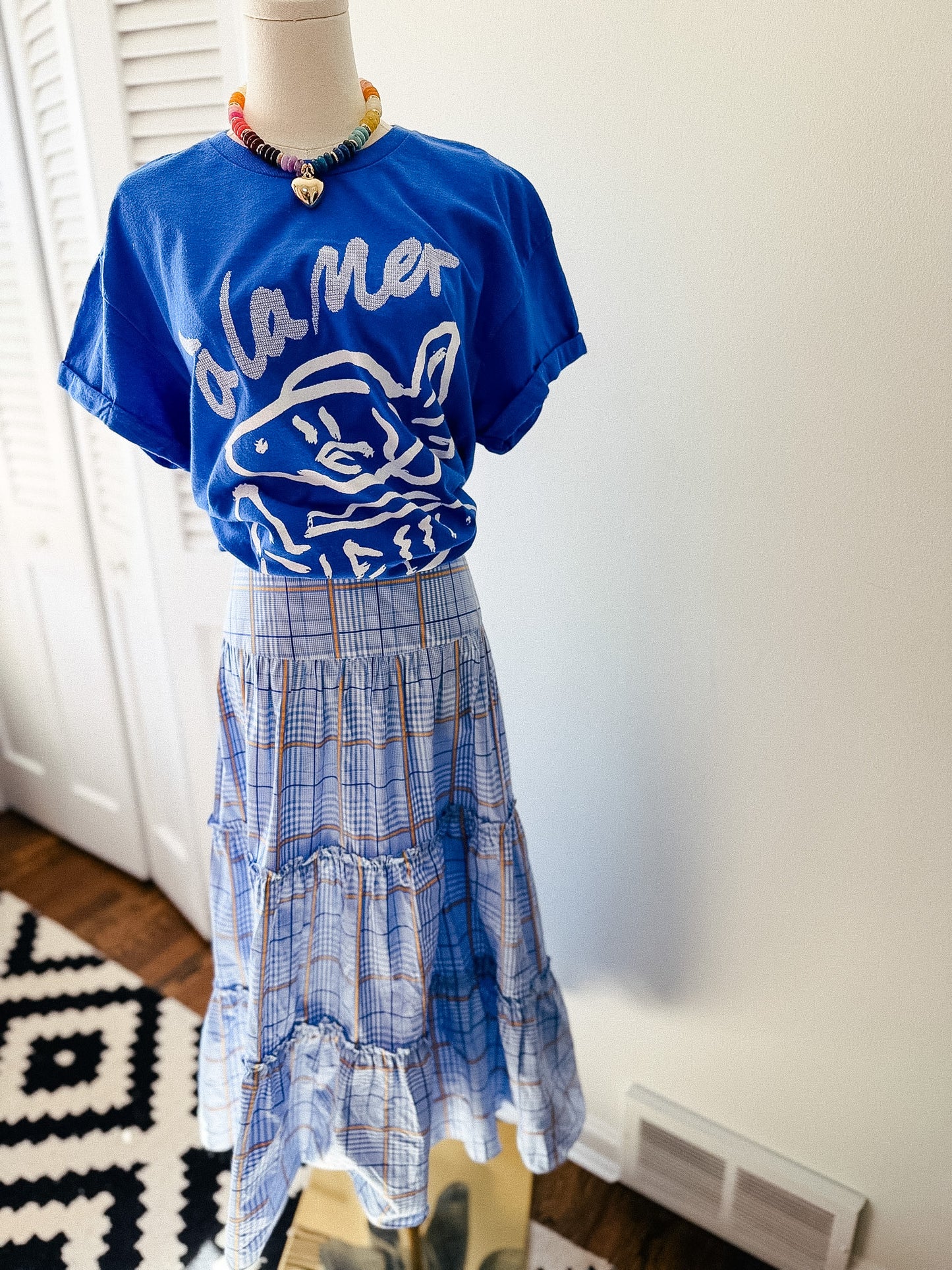 Shoshanna Light Blue Plaid Tiered Maxi Skirt, Size 12