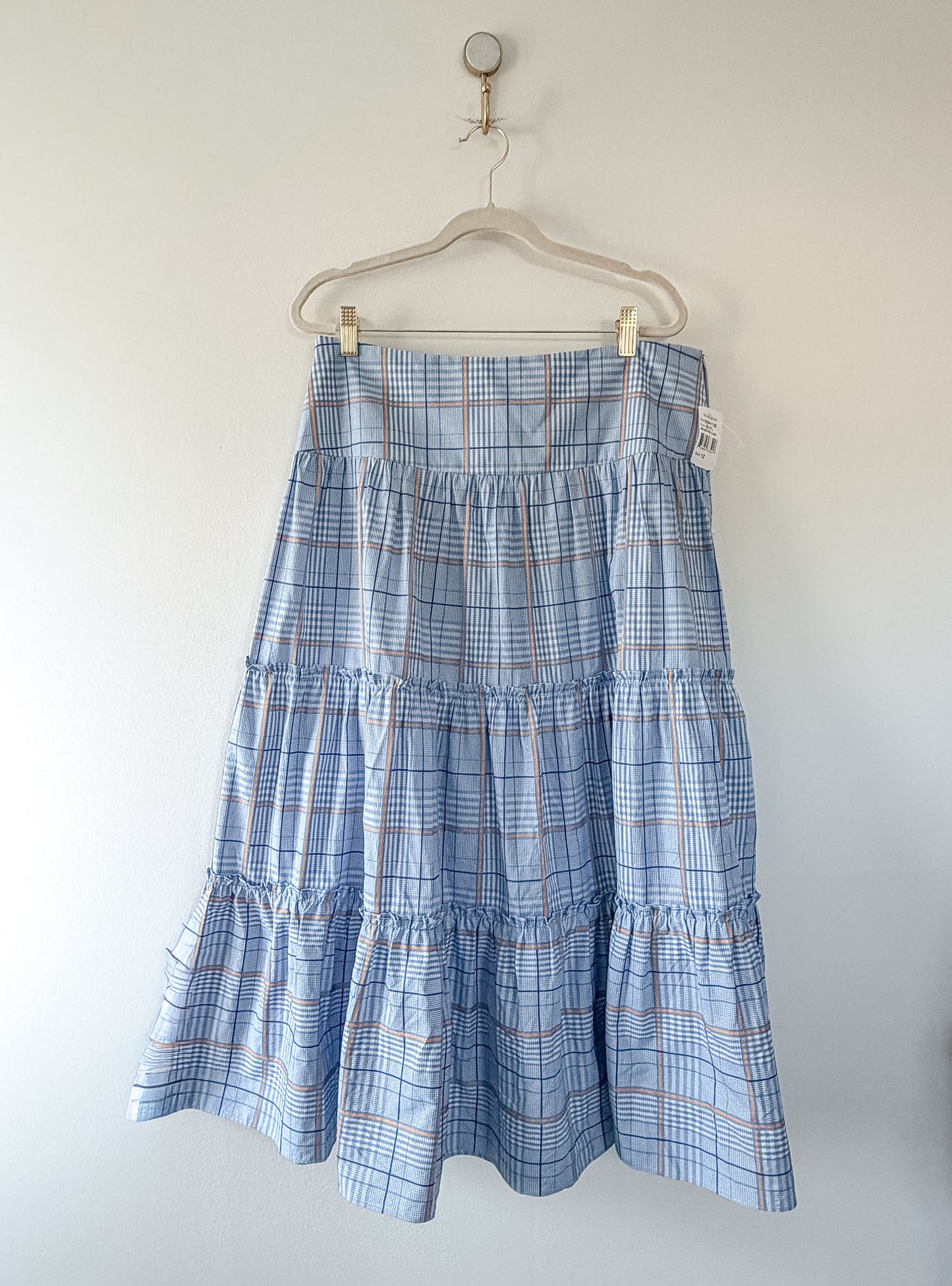 Shoshanna Light Blue Plaid Tiered Maxi Skirt, Size 12