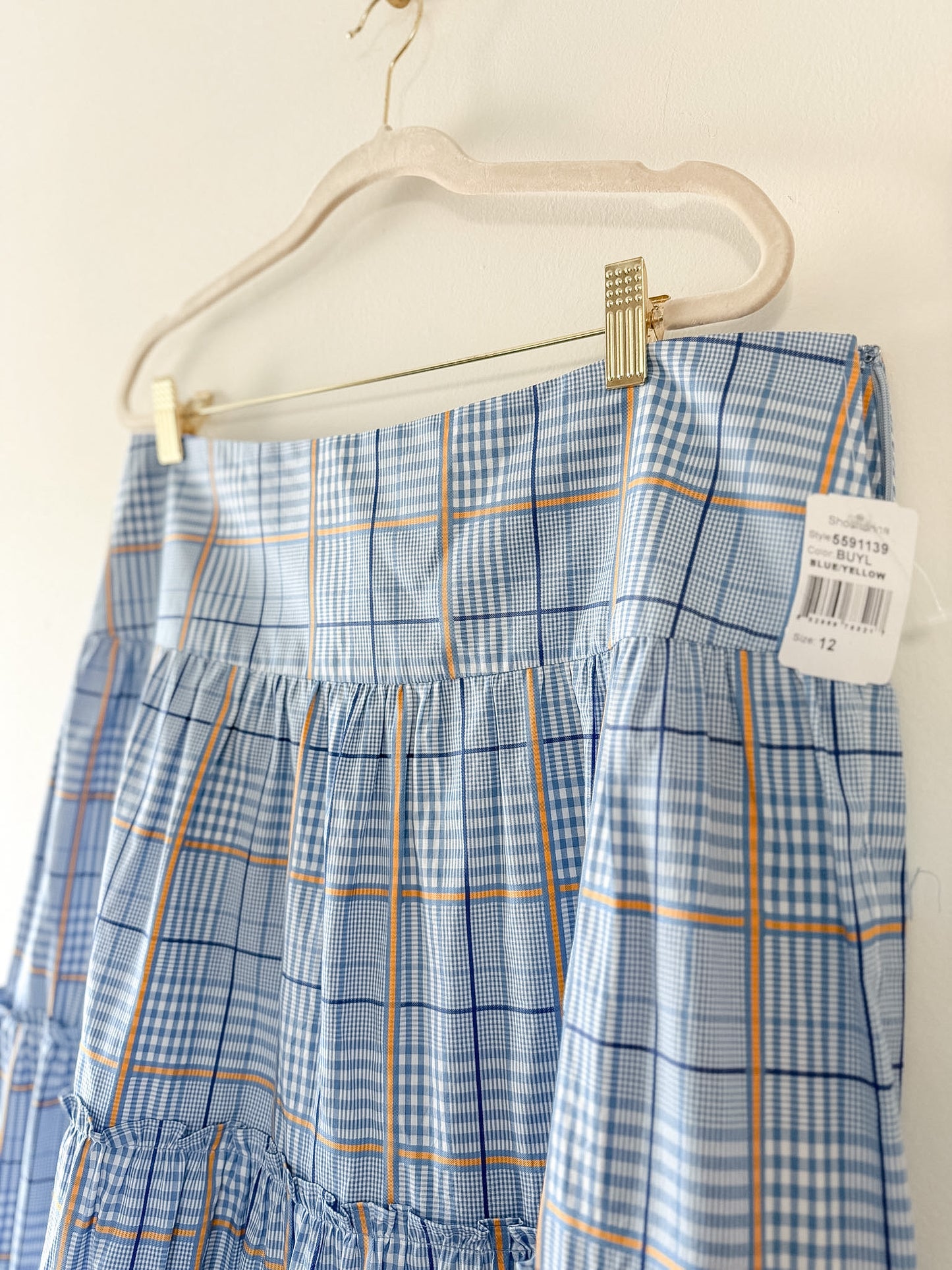 Shoshanna Light Blue Plaid Tiered Maxi Skirt, Size 12