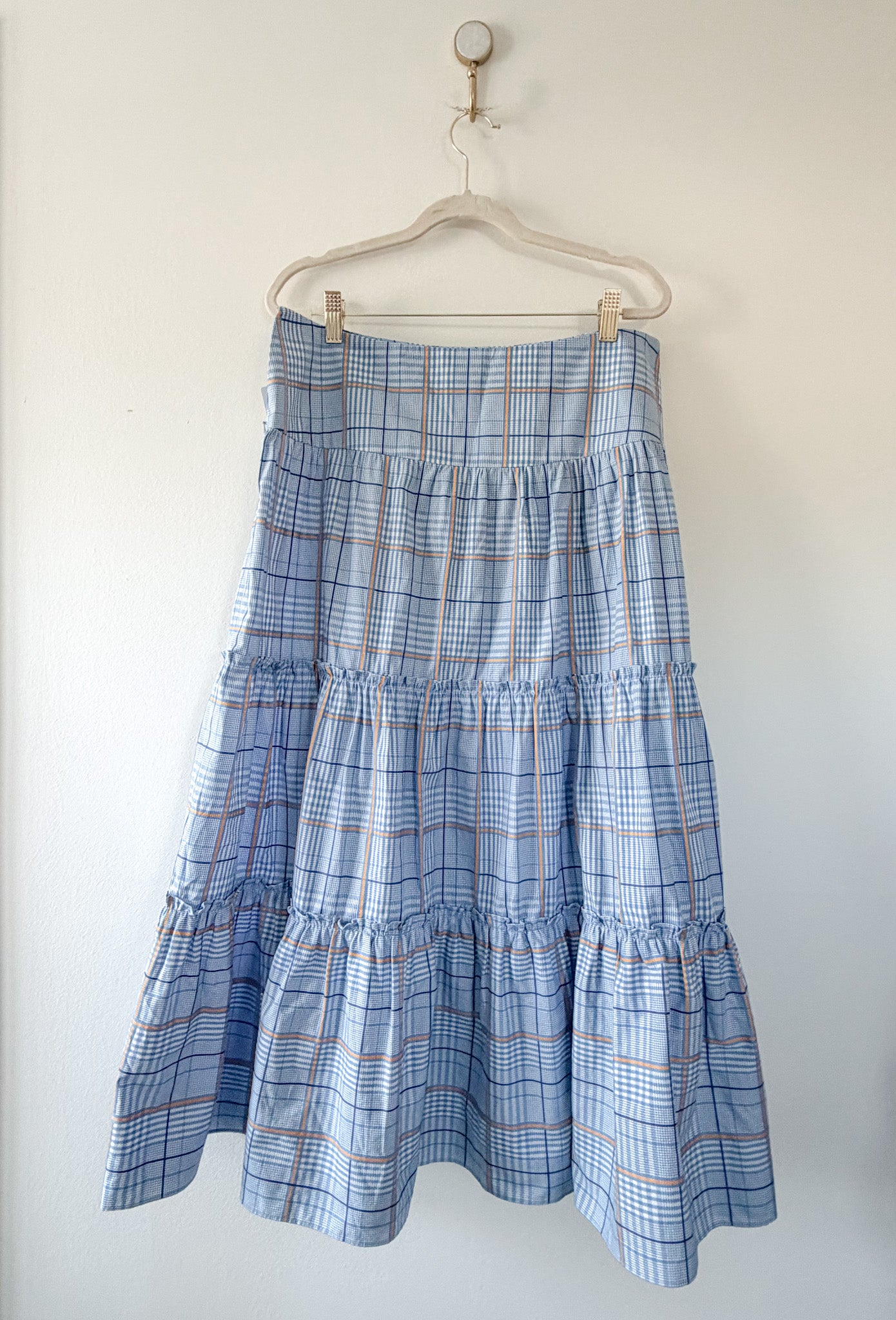 Shoshanna Light Blue Plaid Tiered Maxi Skirt, Size 12