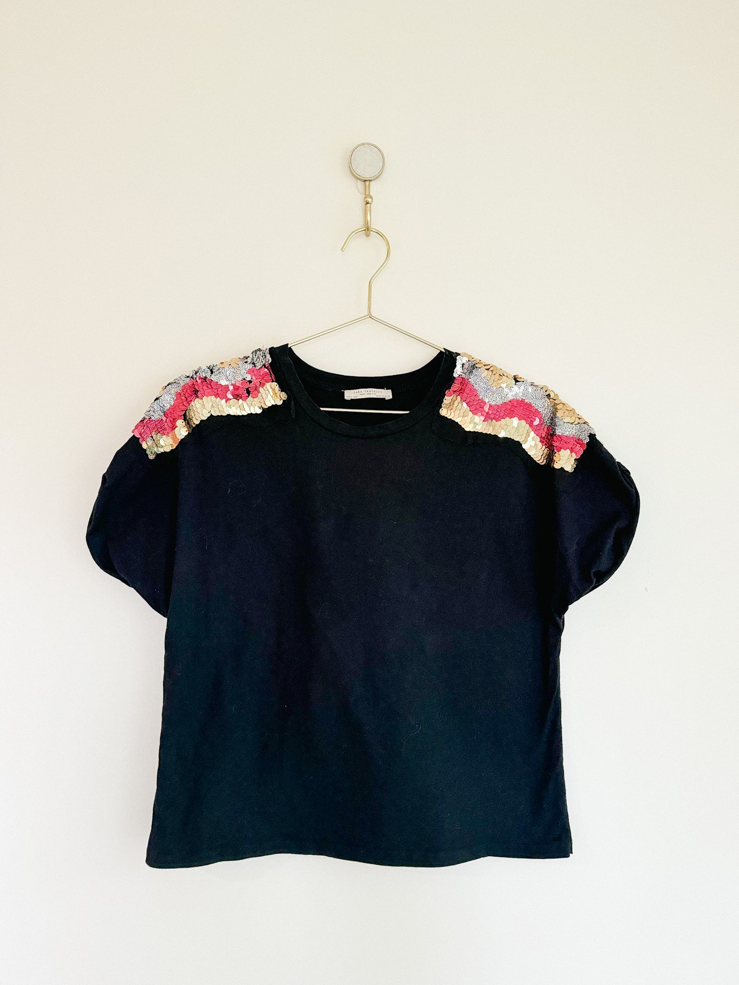 Zara Sequined Shoulder Short Sleeved T-Shirt