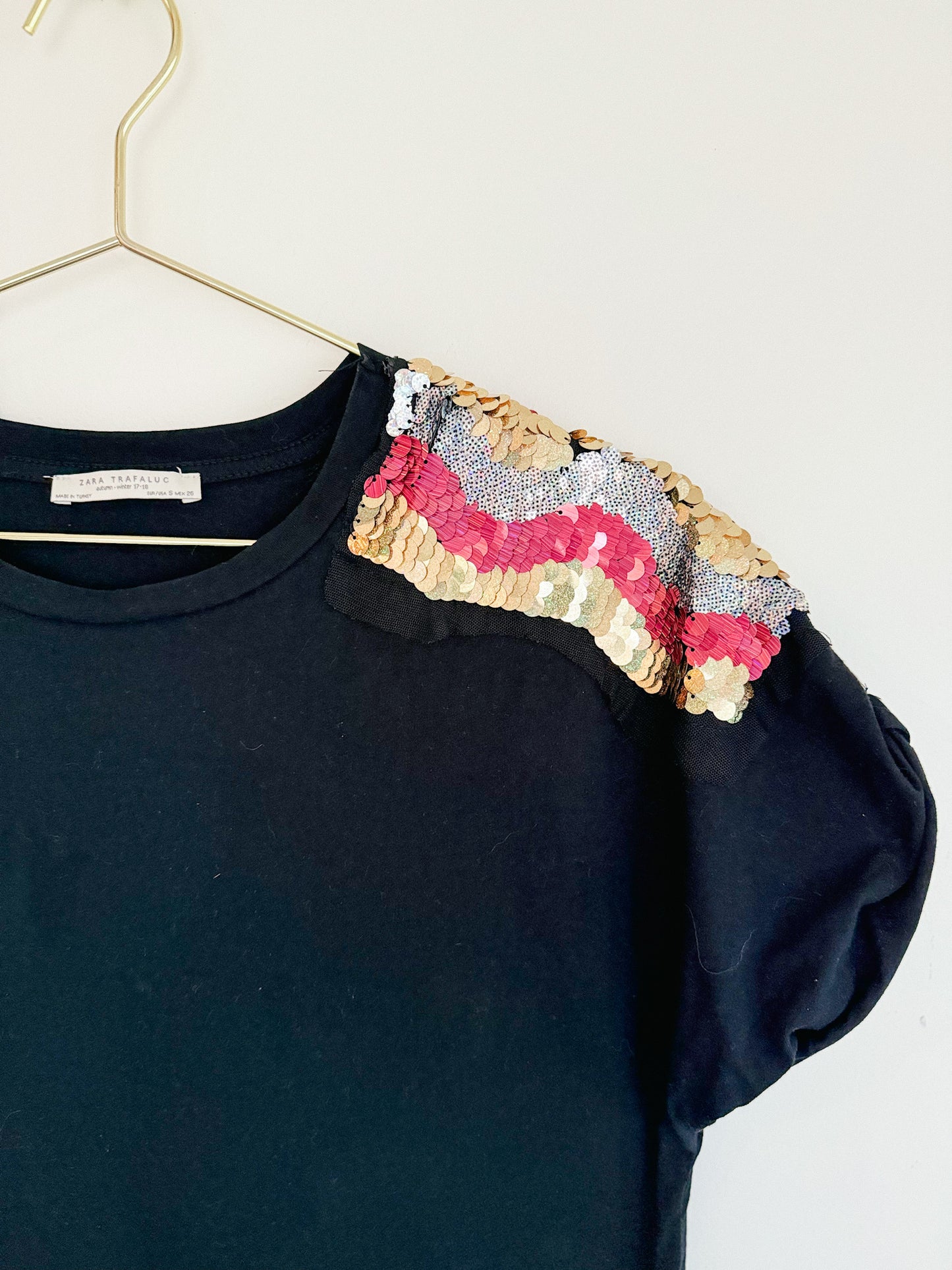 Zara Sequined Shoulder Short Sleeved T-Shirt