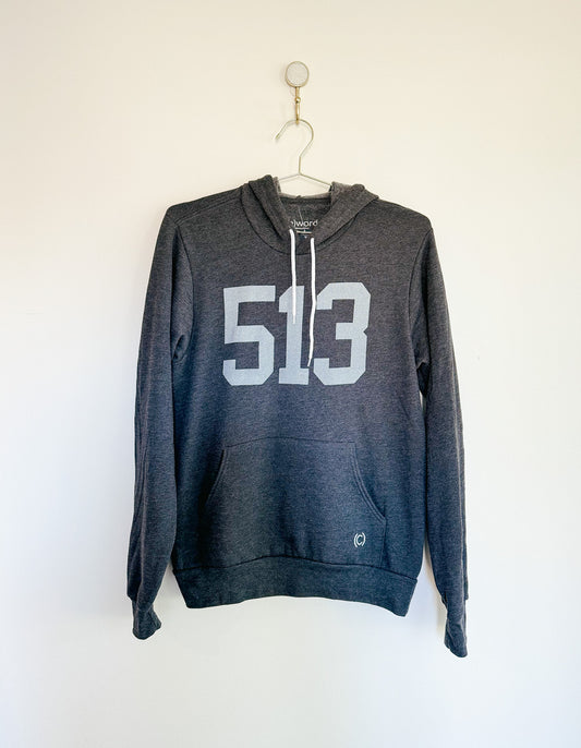 Cincinnati Ohio 513 Area Code Heathered Charcoal Crewneck Hooded Sweatshirt