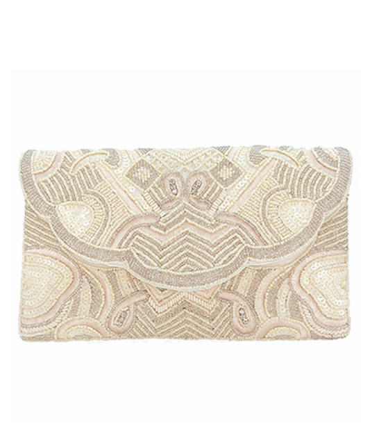 front of beaded ivory, cream and platinum clutch