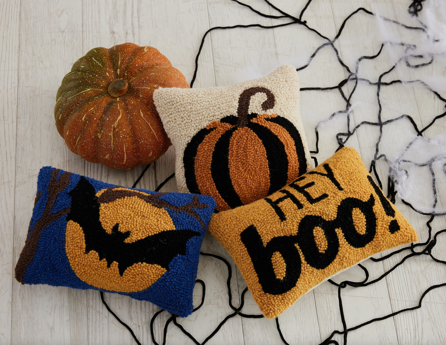 Hey Boo Halloween Wool Hooked Accent Pillow