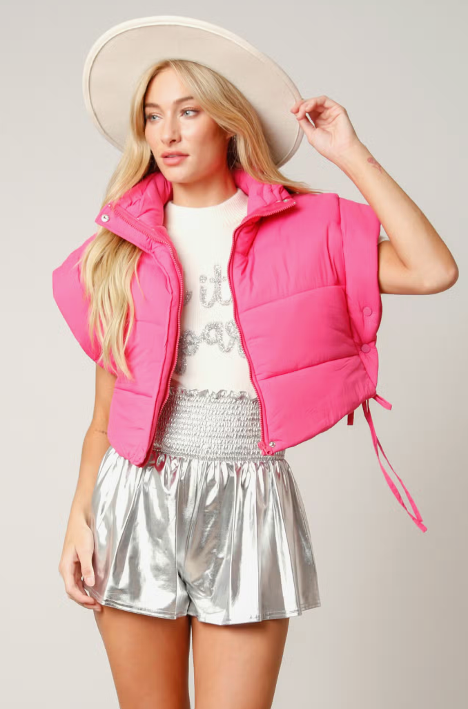 Pink Zip Up Cropped Puffer Vest