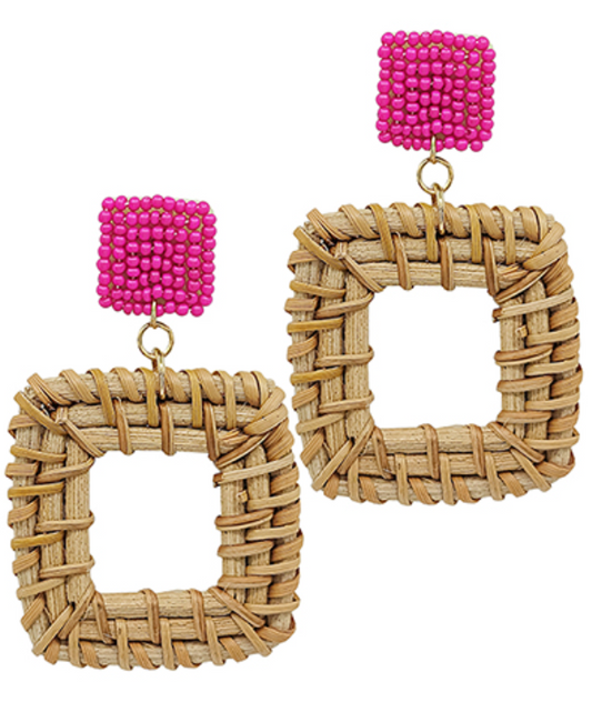 Rattan Open Beaded Square Dangle Earrings