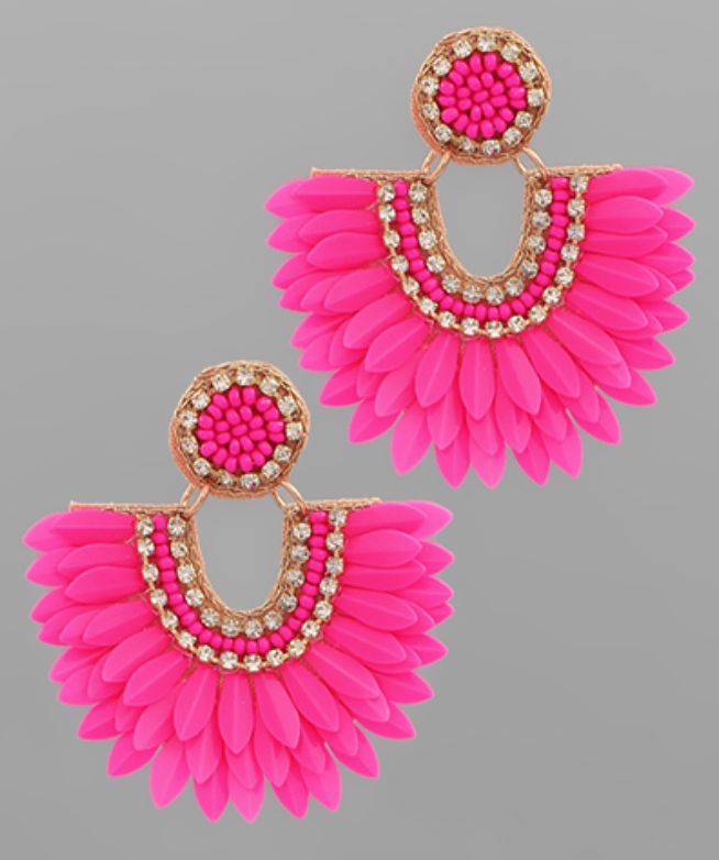 Sequin Bead Feather Earrings in fuchsia