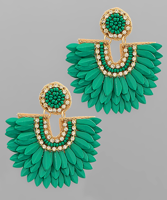 Sequin Bead Feather Earrings in green