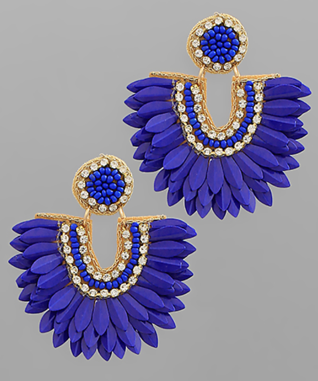 Sequin Bead Feather Earrings in royal blue