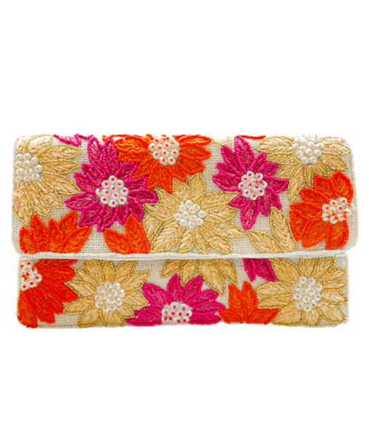 Floral Beaded Raffia Clutch front view