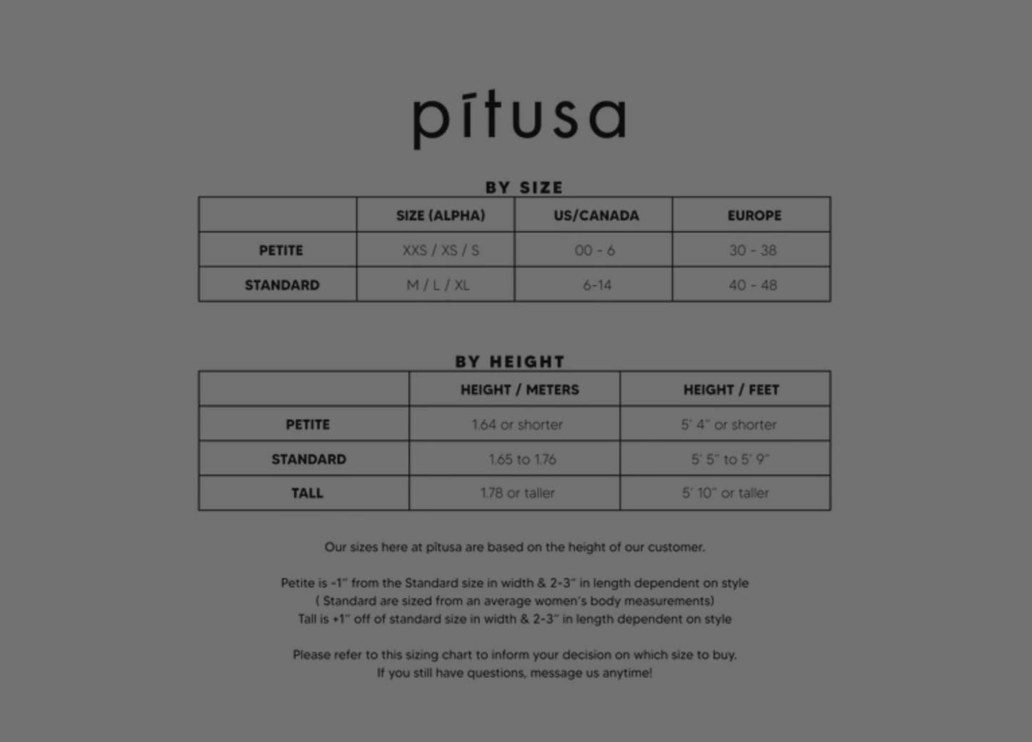 Pitusa size chart