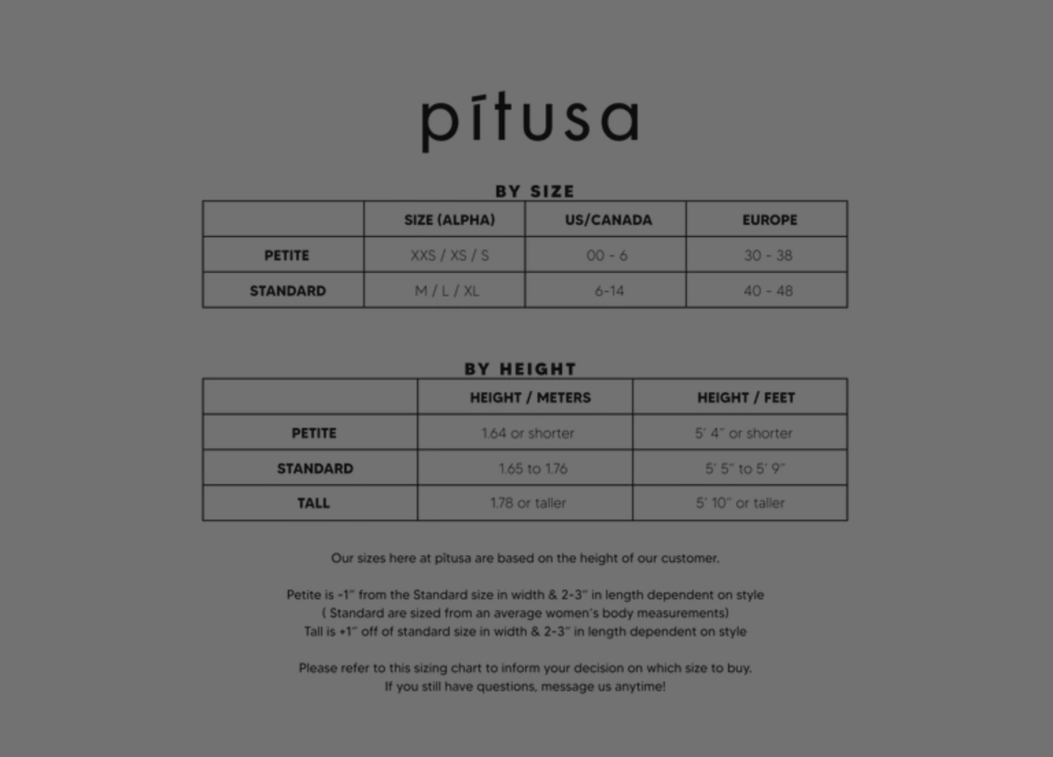 Pitusa size chart