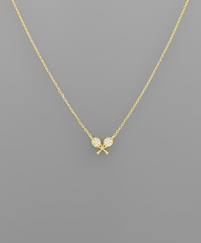 Gold pave tennis racquets pendant necklace